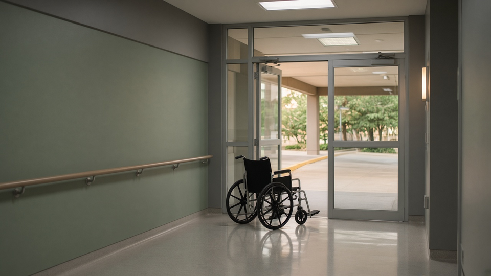 Empty wheelchair waiting just inside open hospital exit doors looking out to a covered drop-off curb.