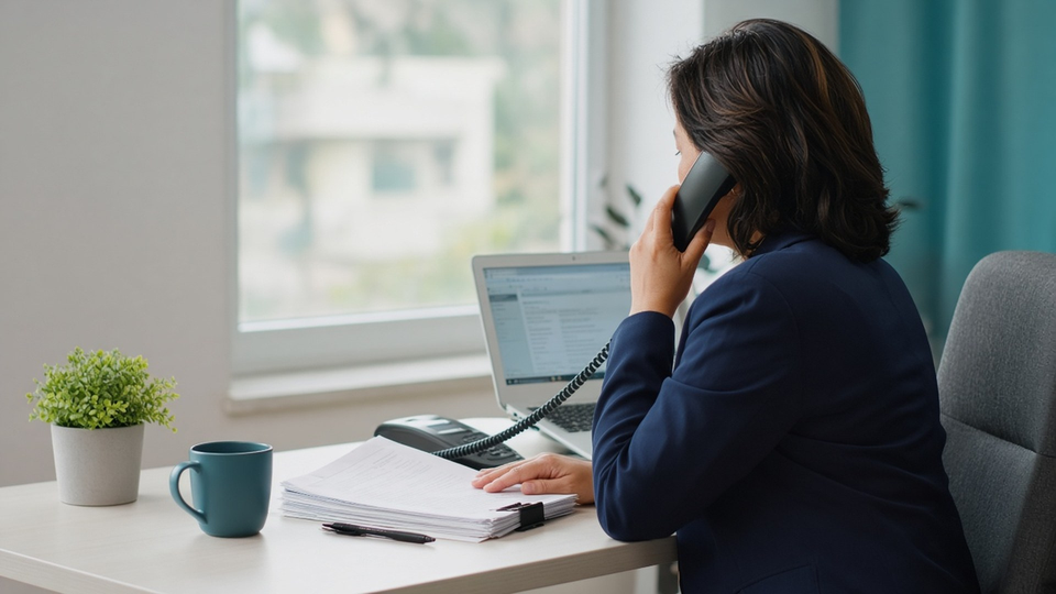 A hospital case manager at a desk with a phone and a discharge packet.