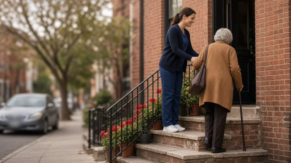 A home health nurse at the front door takes the hand of an older woman with a cane as she climbs the last step home.