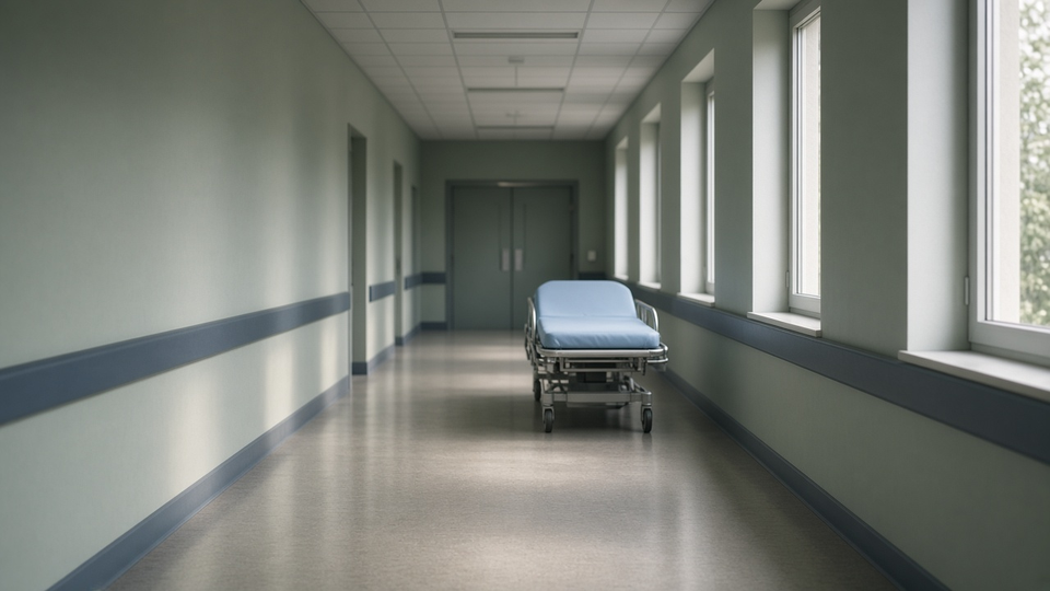 Quiet hospital corridor with soft daylight, gurney and transfer bay between facilities