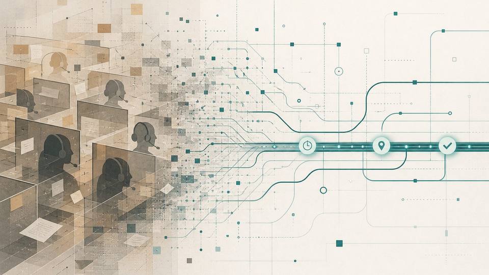 Call center cubicles dissolving into a single data line with time, location, and completion checkpoints