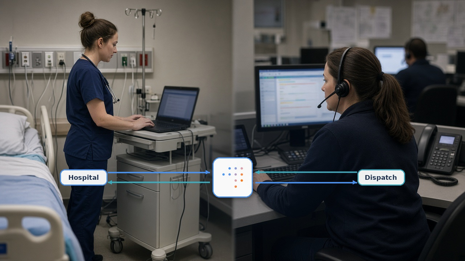 Nurse at a bedside workstation and an ambulance dispatcher at a screen, linked through VectorCare.