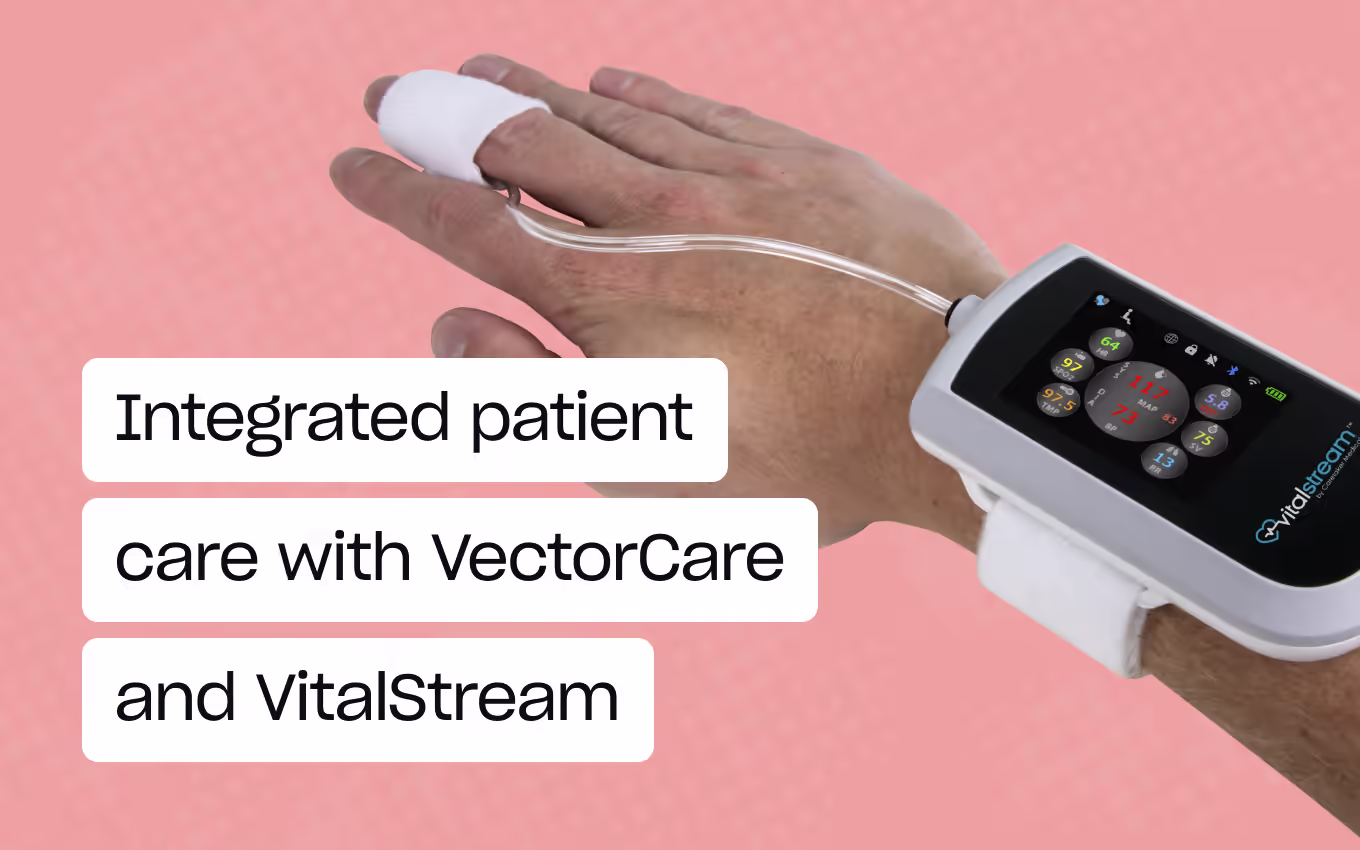 VectorCare and VitalStream integration interface showing patient monitoring and transport data