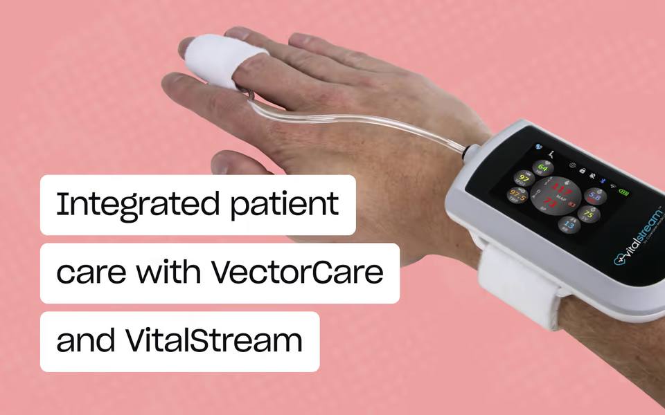 VectorCare and VitalStream integration interface showing patient monitoring and transport data