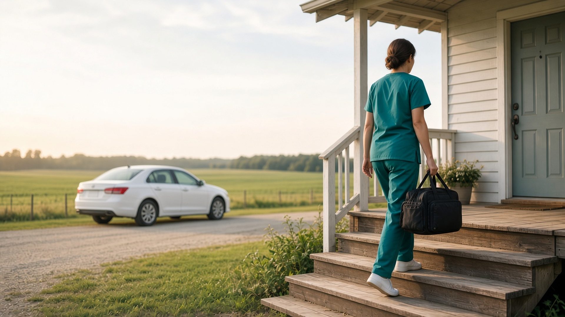 A home health nurse walks up the porch steps of a rural home while a car waits in the drive.