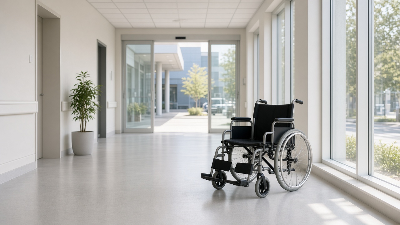 Empty wheelchair in a bright hospital corridor