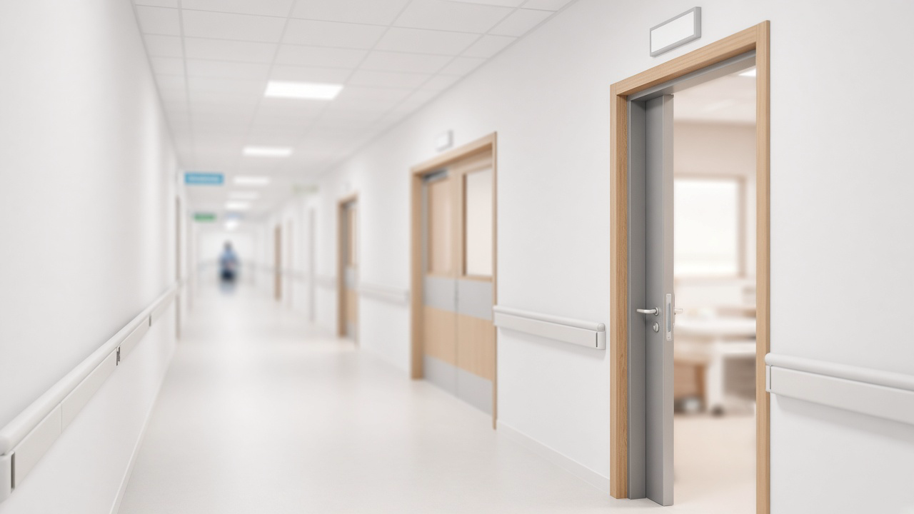 Bright hospital corridor with an open wood-framed doorway in the foreground